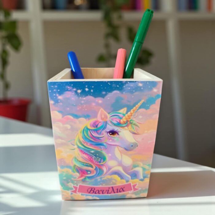 Χειροποίητη ξύλινη μολυβοθήκη με θέμα Unicorn!